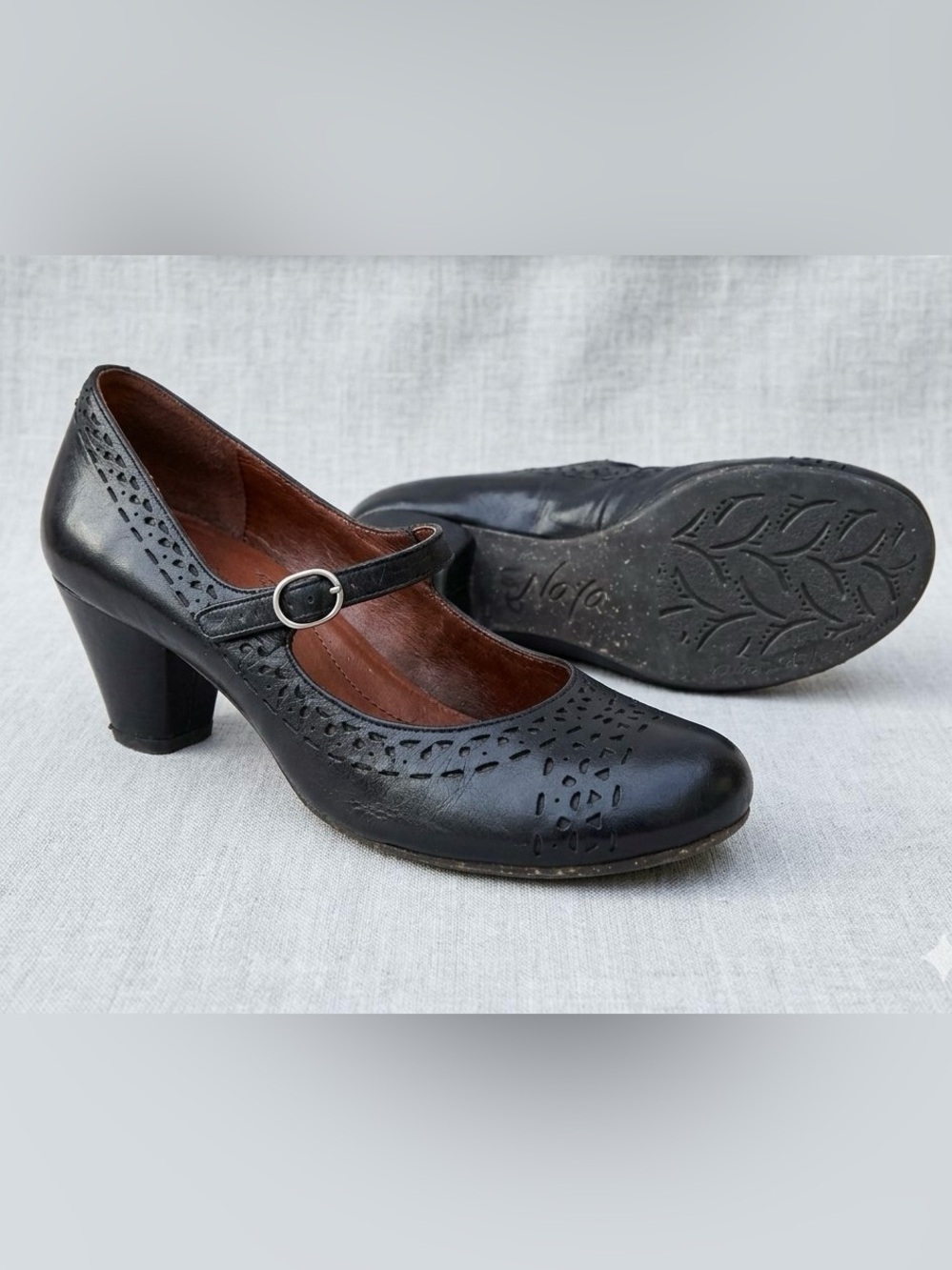 Naya Castalia Black Leather Laser Cut Mary Jane Heels | 9